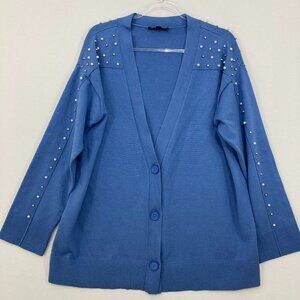 INC International Concepts size XL Blue Beaded Stretch Knit Button Cardigan